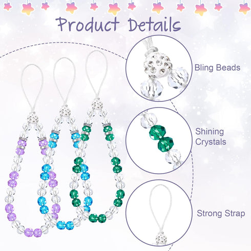 6 Pieces Beaded Cell Phone Lanyard Strap, Bling Wristlet Chain for Girls Women, Various Color
