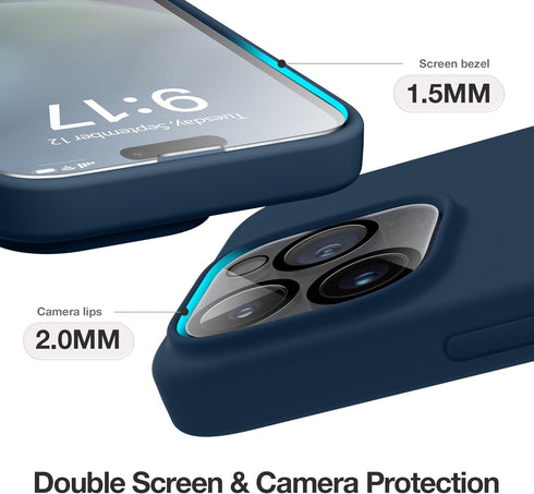 GONEZ iPhone 14 Pro Case - Dark Blue, Shockproof Liquid Silicone, Soft Anti-Scratch Lining + 2 Screen & Camera