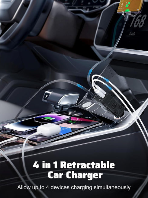 Retractable Car Charger with 4 in 1 Super Fast Charging Cables (31.5 inch), 2 USB Ports Adapter for iPhone 15 14 13 12