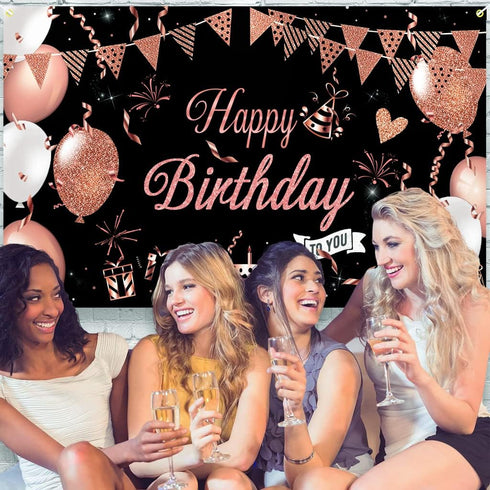 KOKAR Happy Birthday Decorations Banner, Large Black and Rose Gold Sign for Girls Women Birthday Party