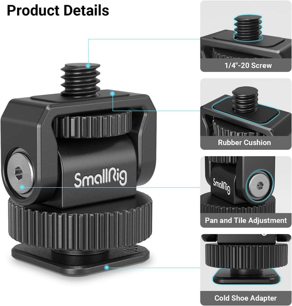 SmallRig Mini Ball Head Cold Shoe Mount Adapter, 1/4" with 1/4"-20 Thread for Camera, Phone Cage, LED Video Light-3577