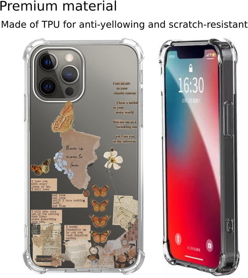 Aesthetic Abstract Butterfly Collage Case for iPhone 13 Pro Max, Vintage Clear Design, Trendy TPU Bumper