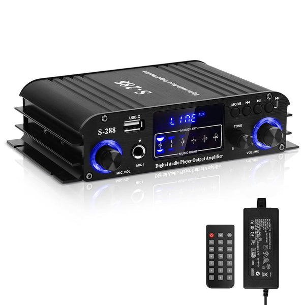 Stereo Audio Amplifier S-288 - 4.0CH Bluetooth 5.0 HiFi Mini Amplifier Receiver RMS 40Wx4, Max 600W, USB, FM, Adapter