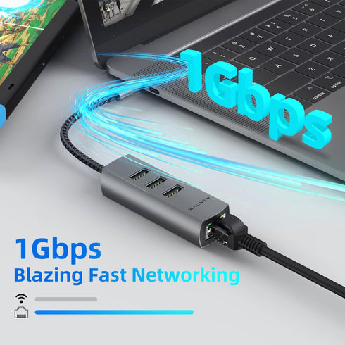 WALNEW USB-C to Ethernet Adapter, 4 in 1 USB C Hub with LAN RJ45, Aluminum Gigabit Network Cable Converter for PC