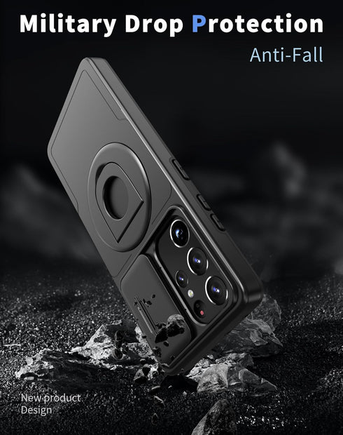 Shop Samsung Galaxy S21 Ultra Mag-Safe Kickstand Case: Slim, Shockproof, Military-Grade, 360° Rotating Stand, Black.