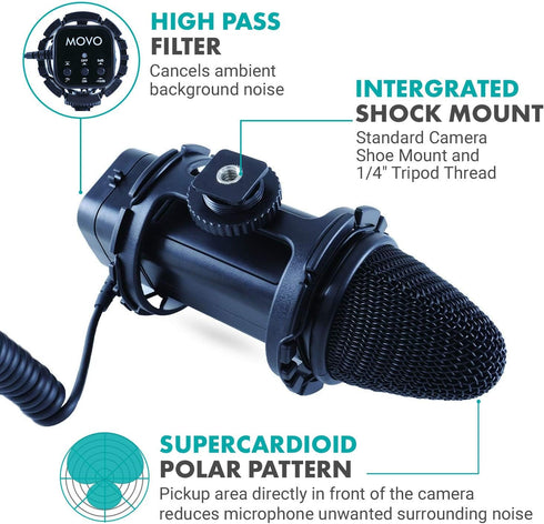 Movo VXR300 X/Y Stereo Condenser Video Microphone with -10dB Attenuation, Low-Cut Filter, Windscreen & Case for DSLR