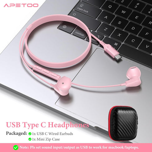 HiFi Stereo USB C Headphones for iPad Pro, iPhone 15/15 Pro Max, Samsung S24/S23 Ultra, OnePlus, Huawei - Pink