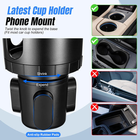 This Hill Cup Holder Phone Mount for Car, Upgraded 2 in 1 Expander with Adjustable Base, 360 Degree Rotation