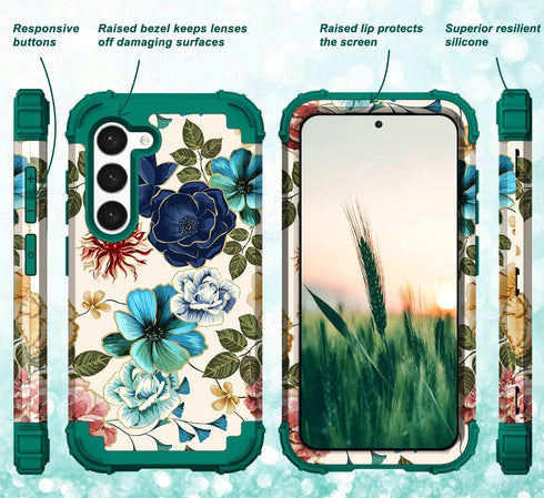 Hocase for Galaxy S24 Case, Shockproof Heavy Duty Protection Hybrid Case for Samsung Galaxy S24 5G - Teal Flowers