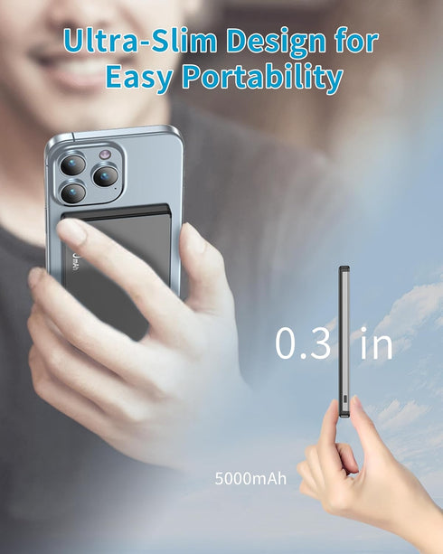 Wireless Portable Charger, 5000mAh Slim Magnetic Power Bank Phone Charger, Mag-Safe Battery Pack Travel Charger (USB-C