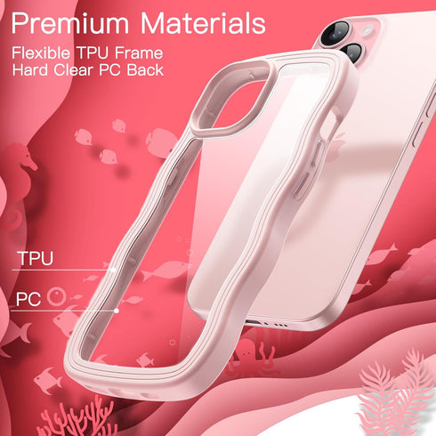 JETech iPhone 15 Case 6.1-Inch, Pink Wave Frame Shockproof Cover for Women & Girls, Clear Hard PC Back.