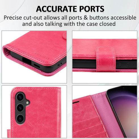 MONASAY Hot-Pink Wallet Case for Samsung Galaxy S24 5G, 6.2", RFID Blocking, with Lens & Glass Screen Protector, Credit