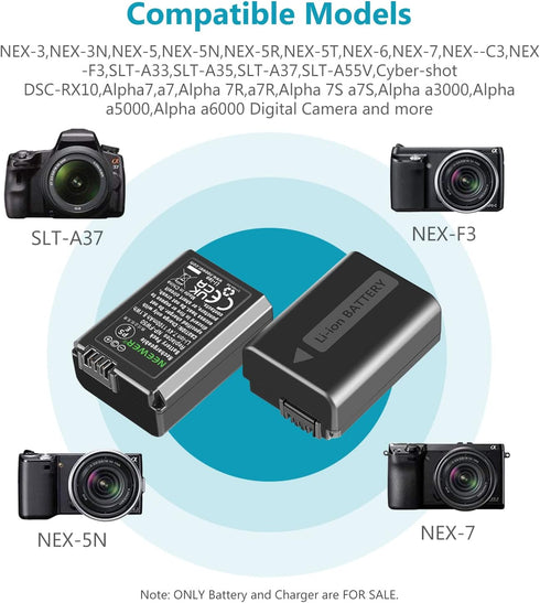 NEEWER NP-FW50 Camera Battery Charger Set, Compatible with Sony ZV-E10 A7 Series, 2 Pack 1100mAh Batteries, Dual Charger