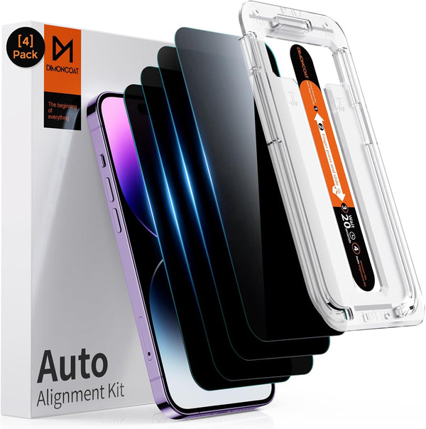 DIMONCOAT 4-Pack Auto Alignment Kit for iPhone 14 Pro Max Privacy Screen Protector, 10X Military Protection, Case