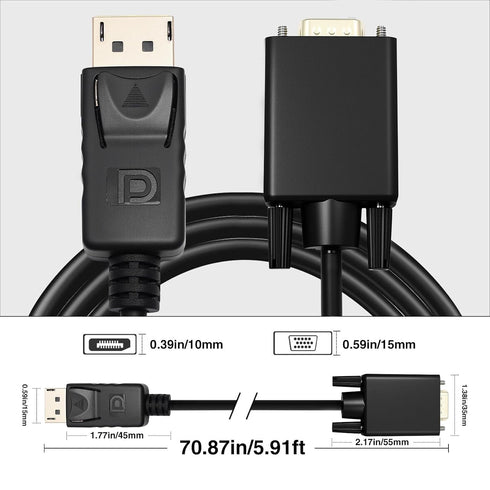 6FT, 1080P Danfetsoy Displayport to VGA Cable Displayport to VGA Adapter Male to Male Cord Gold-Plated HD Video DP