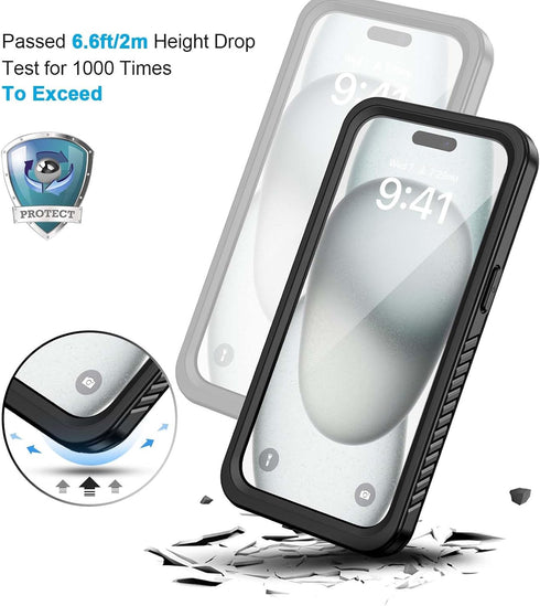 Lanhiem iPhone 15 Plus Case - 360 Full Body Waterproof, Dustproof, Shockproof with Built-in Screen Protector (Black)