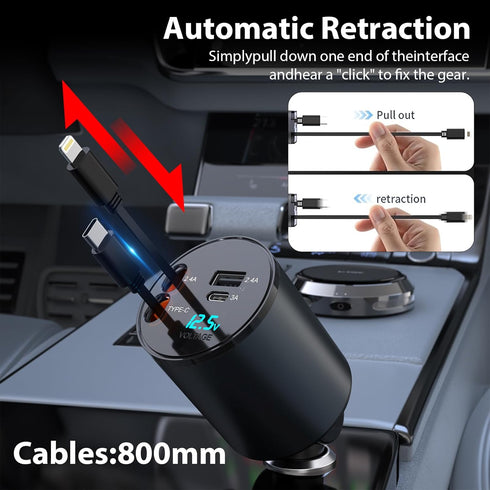 Multi Retractable Car Charger, 4 in 1 Fast Charger 100W with 2.6FT Cables for iPhone & Samsung Galaxy Devices
