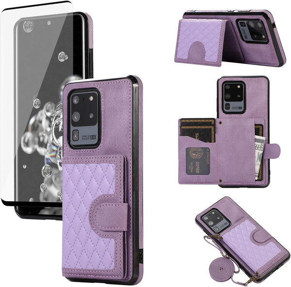 Asuwish Samsung Galaxy S20 Ultra 5G Wallet Case with Card Holder, Tempered Glass, Crossbody Strap - Purple for Women &