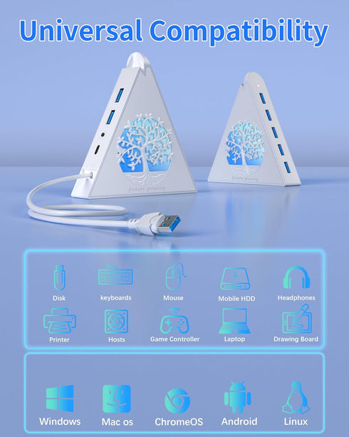 JoyReken 7-Port 3.0 5Gbps 2FT USB Hub, White Vertical USB Hub Splitter with Tree-Shaped RGB Lighting, High-Speed