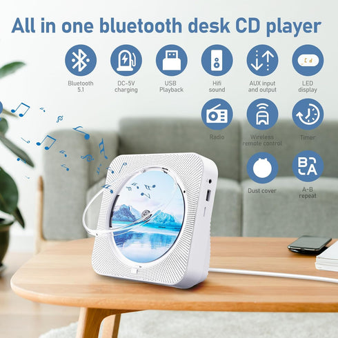 Portable Bluetooth 5.1 Desktop CD Player with HiFi Sound Speakers, Remote Control, FM Radio, White