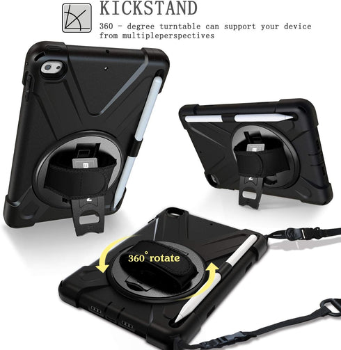BRAECN iPad Mini 5/4 Case, Heavy Duty Shockproof Protective Rugged Case with Pencil Holder, Hand Strap, Kickstand, for