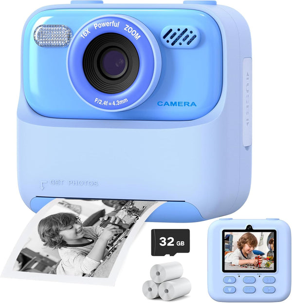 Upgrade Kids Instant Print Camera, 1080P HD Dual-Lens with Print Paper & 32G Card, Gifts for Ages 3-16