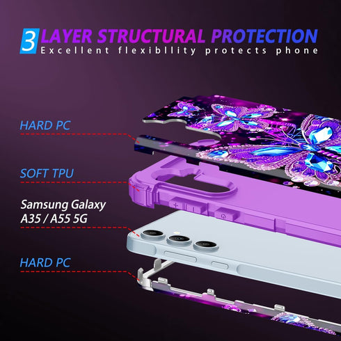 Miqala Case for Galaxy A55 5G/A35 5G, Glow in The Dark Heavy Duty Shockproof Protection - Purple