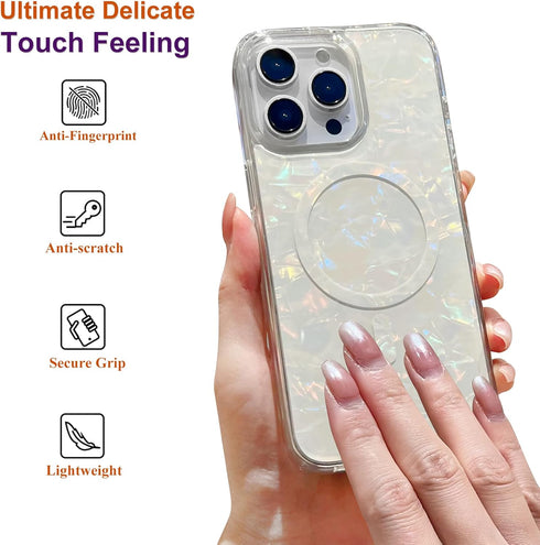 iPhone 15 Pro Case Compatible with MagSafe, Cute Magnetic Hard Back Shockproof Phone Case - White Pearl Tort