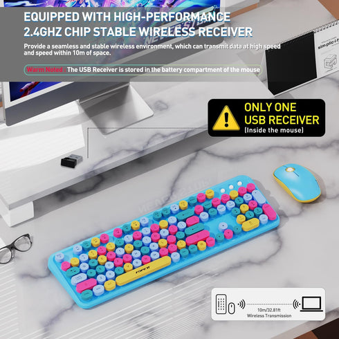 FOPETT 2.4GHz Wireless Keyboard and Mouse Set, Full-Size Keyboard Compatible for Windows/Laptop/PC - Blue Colorful