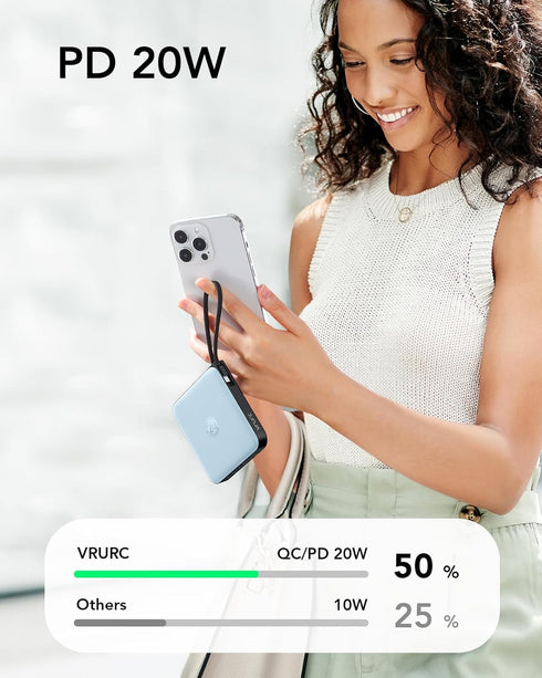 VRURC Portable Charger for iPhone, 10000mAh Power Bank with PD 20W Fast Charging and 4 Built-in Cords, Blue