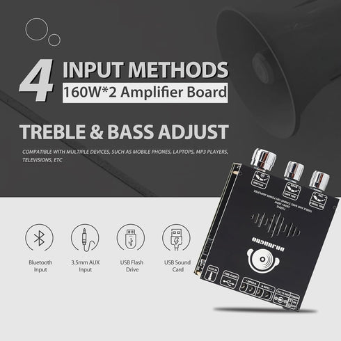 T160HS 160W+160W Amplifier Board with Treble and Bass Control, Bluetooth/AUX/USB Input, 2.0 Channel