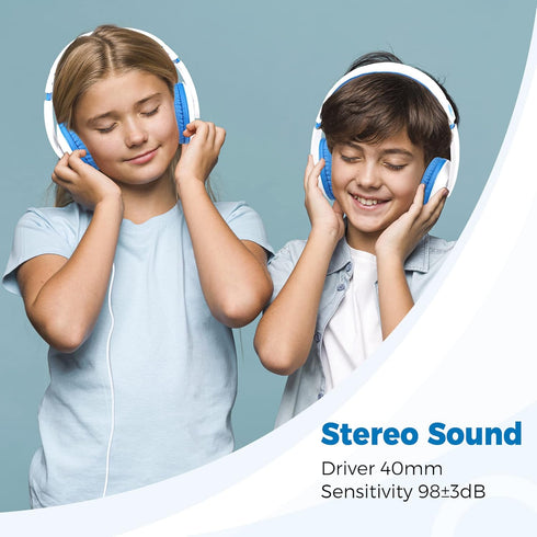 rockpapa Comfort Kids Headphones for School, Lightweight Over-Ear Wired 3.5mm for Boys Girls Teens, Travel White/Blue