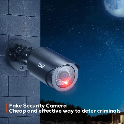 BNT Dummy Fake Security Camera with Red LED Light for Home and Business Security, Indoor/Outdoor (2 Pack, Black)