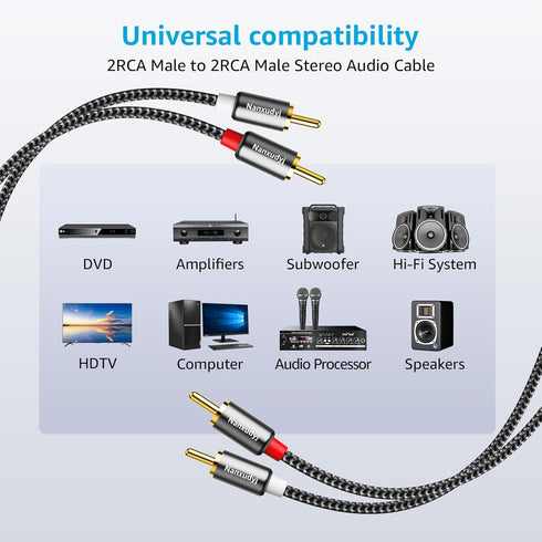 RCA Cable 6ft, 2RCA to 2RCA Audio Stereo Cable, Male to Male Gold Plated for Home Theater System
