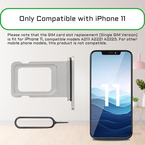 iPhone 11 Silver SIM Card Tray Holder Replacement Single SIM Version with Waterproof Rubber Ring Repair Tool Kit A2111