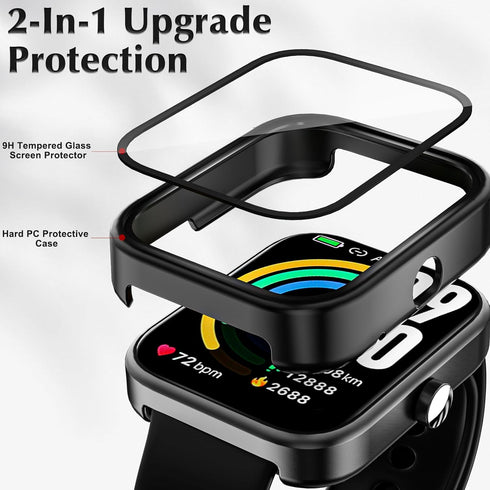 2 Pack Protective Case for TOZO S3 Smart Watch, Hard PC Bumper Cover with Built-in Tempered Glass, Black (Not for TOZO