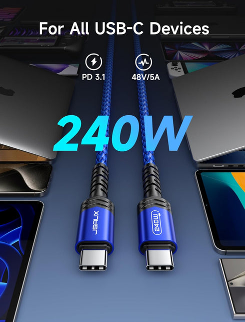 JSAUX 240W USB-C Charge Cable 10FT, USB C to USB C Cord USB-C Type C Fast Charger Cable Compatible with MacBook Pro Air, iPad Pro Air, Dell XPS, iPhone 15/15 Pro Max, Samsung Galaxy S23/S22/S21, Pixel by JSAUX