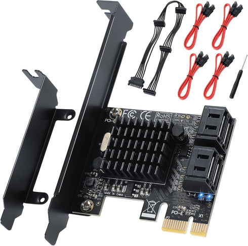 PCI-E X1 to SATA 3.0 Controller Card, 4-Port SATA III 6Gbps Expansion Cards, Supports PCI-Express (1X 4X 8X 16X) Slot,