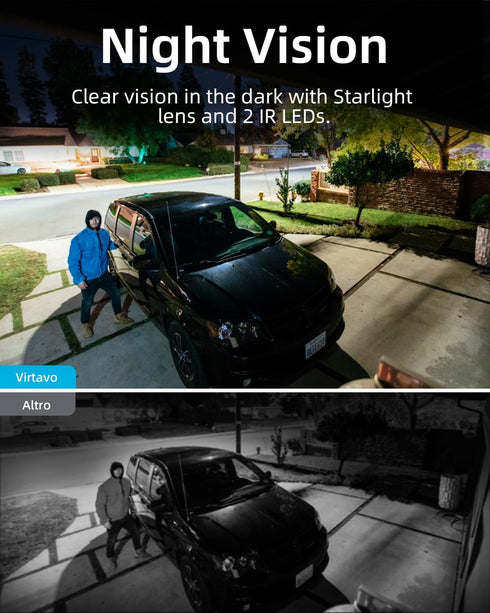 VIRTAVO 2K 2-Way 2.4GHz Wireless Solar Security Camera Outdoor, Starlight Color Night Vision, PIR Motion Detection