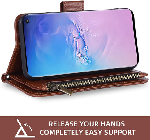 Asuwish Galaxy S10 Wallet Case: Flower Leather Flip, TPU, Tempered Glass Protector, Credit Card Holder, Brown.