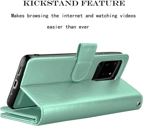 Njjex Galaxy S20 Ultra 5G Wallet Case, PU Leather Flip Cover with 9 Card Slots, Detachable Kickstand, Mint