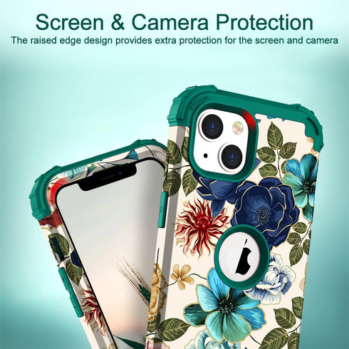 Hocase iPhone 14/13 Case - Heavy Duty Shockproof Protection, Soft Silicone & Hard Plastic Bumpers, Teal Flowers (6.1")