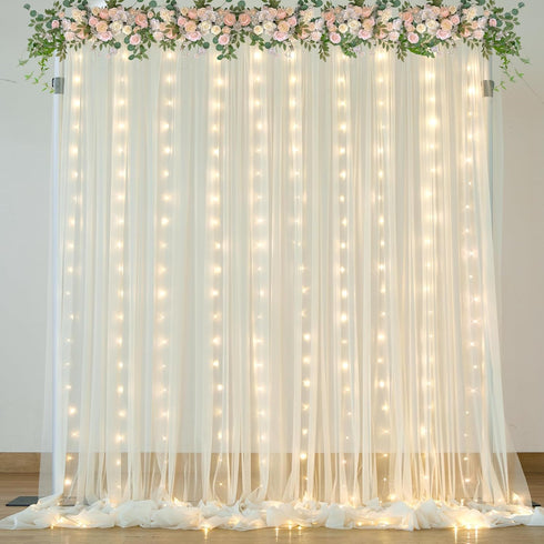 Suppromo Ivory Sheer Backdrop Curtains with Lights String for Parites Wedding 108ft Tulle