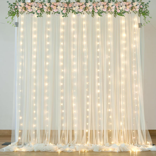 Suppromo Ivory Sheer Backdrop Curtains with Lights String for Parites Wedding 108ft Tulle
