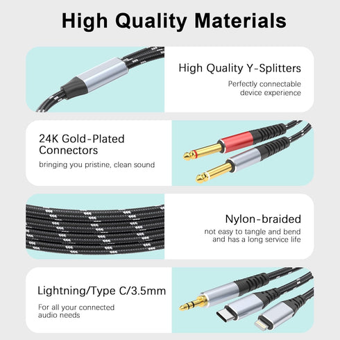 6.35mm 1/4" Splitter,3 1 1/4-inch 3.3FT Lightning to Dual TS Mono Stereo Y-Cable in to Dual Audio Cable, Compatible