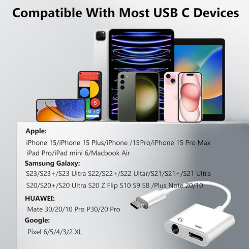 USB C to 3.5mm Headphone and Charger Adapter 2-Pack, 2-in-1 Dongle Cable with PD Fast Charging for iPhone 15 Pro Max