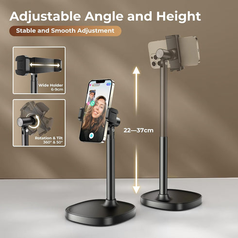 GMETAL Desktop Phone Stand, Adjustable Height & Angle Holder, Compatible with iPhone, Samsung, Android Smartphones