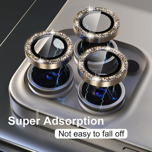 Gold Glitter Camera Lens Protector for iPhone 15 Pro/Pro Max - 9H Tempered Glass with Metal Ring Decoration.