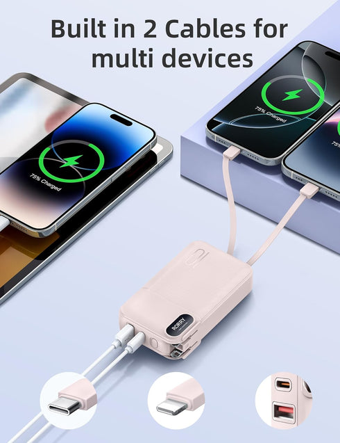 RORRY 10000mAh Pack 22.5W 17/16/15 S25/S24/S23 Portable Charger Built in Cables, AC Wall Plug in Portable Charger Power