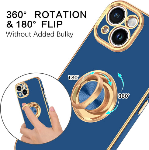 BENTOBEN Slim Fit 360° Ring Holder Case for iPhone 15, Shockproof Kickstand Magnetic Car Mount Supported, Navy Blue